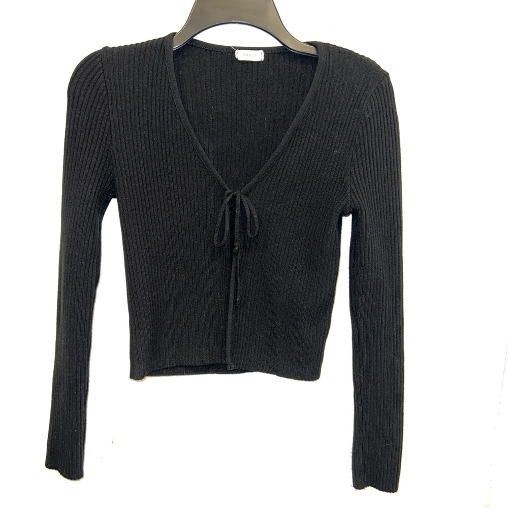 Women's Tie Front Long Sleeve Rib Knit Cardigan Crop Top